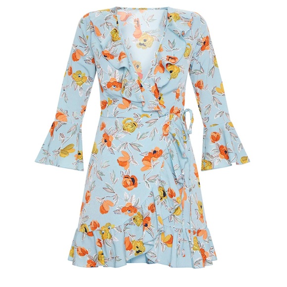 NWT Turquoise Floral Printed Frill Wrap Tea Dress - Picture 4 of 13